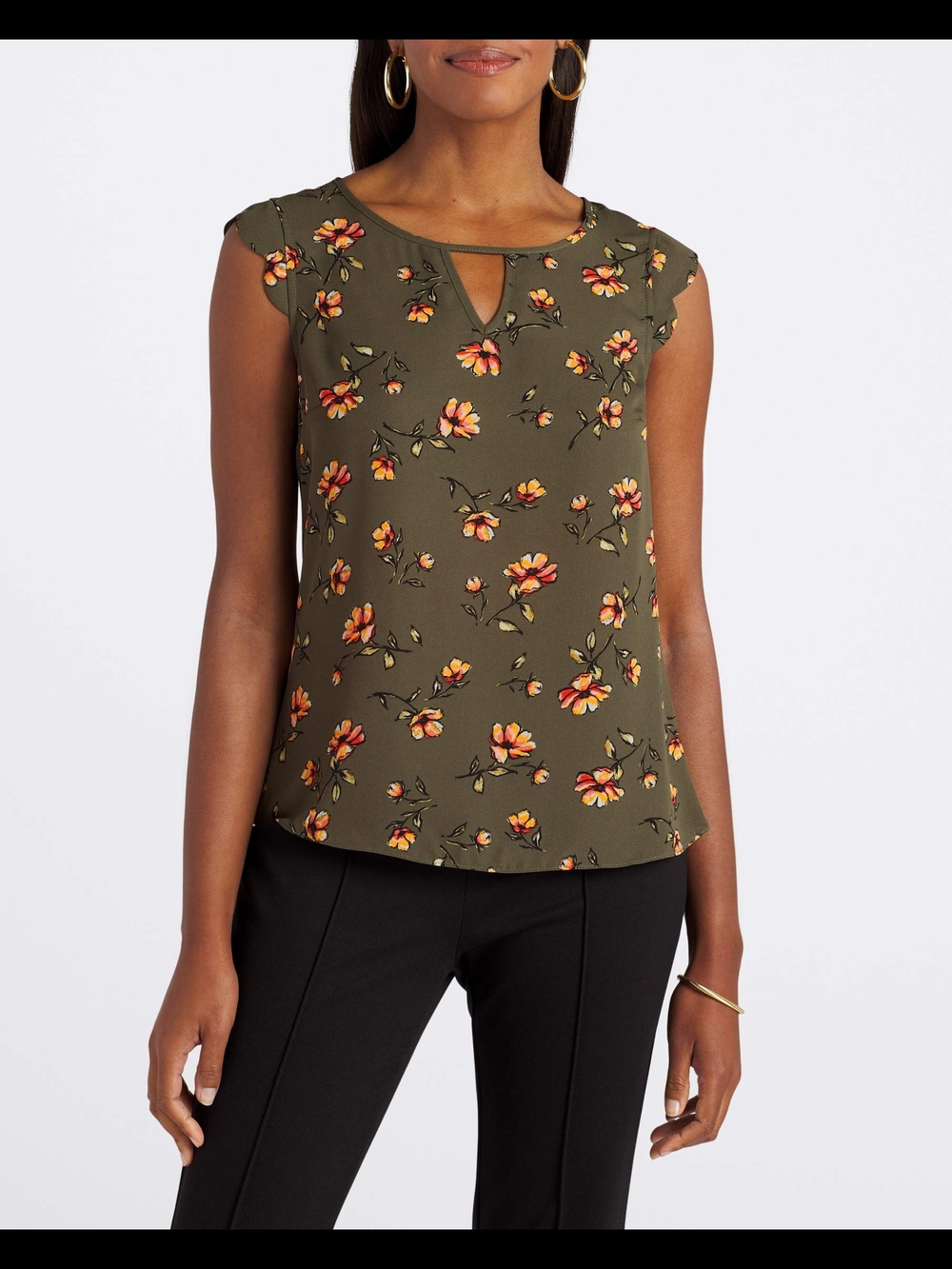 Fortune + Ivy Olive Floral Keyhole Flutter Blouse Size M
